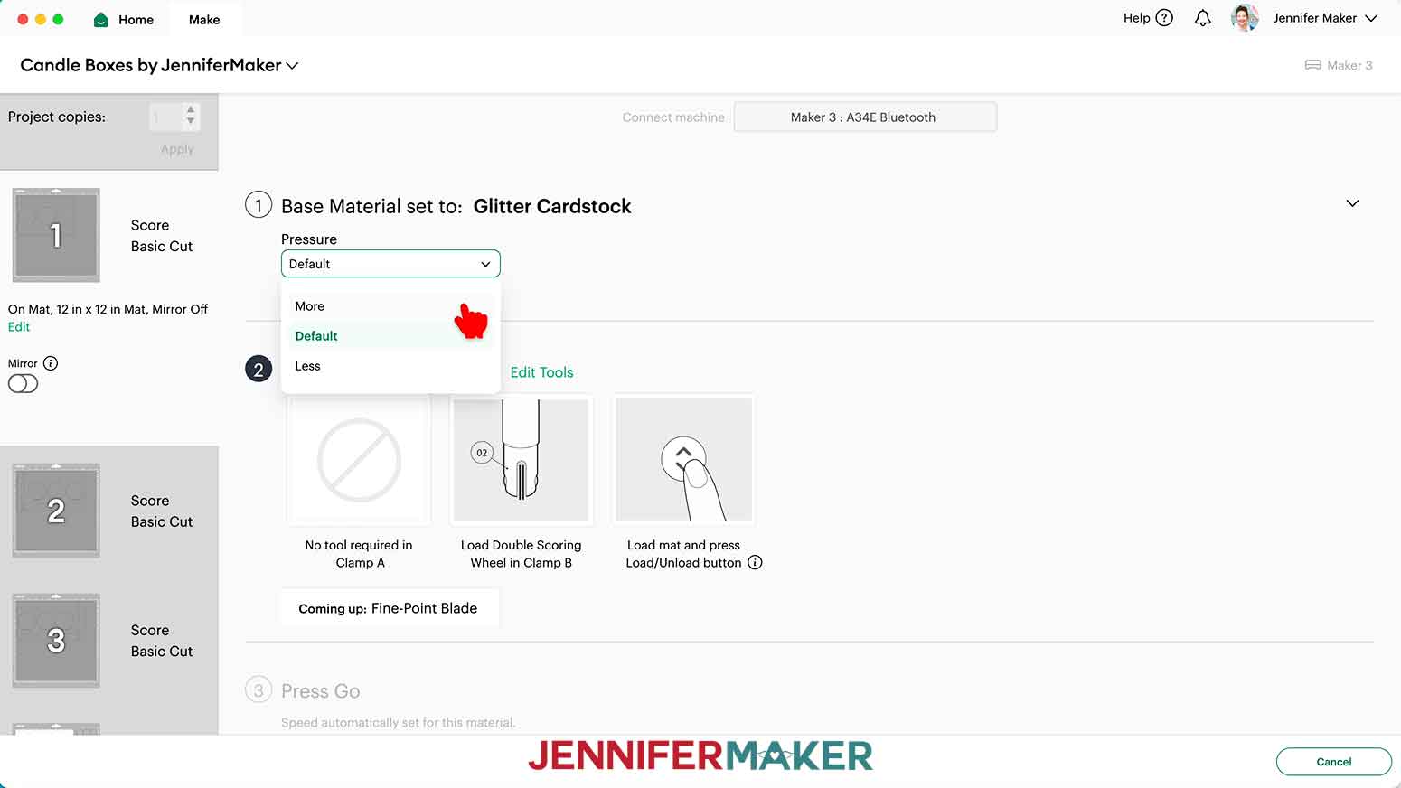 For Glitter cardstock use the “Glitter Cardstock” setting with “More” Pressure.