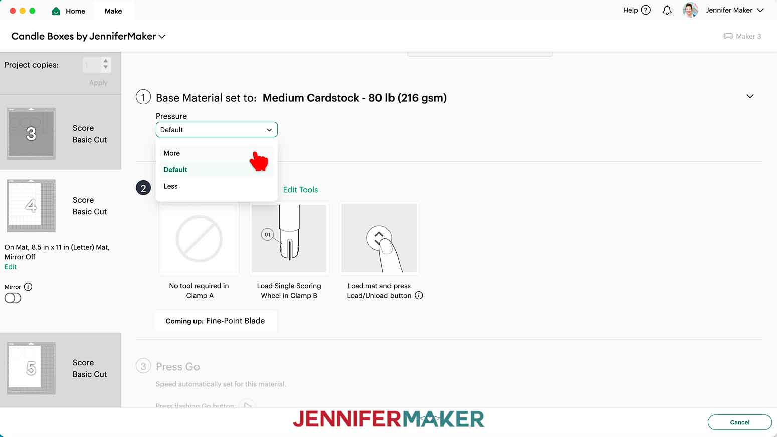 For plain, shimmer, and foil cardstock: “Medium Cardstock - 80 lb (216 gsm)” setting with “More” Pressure.