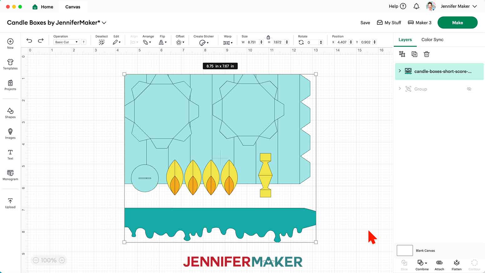 The short candle gift box SVG on Cricut Design space canvas. It's 8.75 x 7.67 inches.