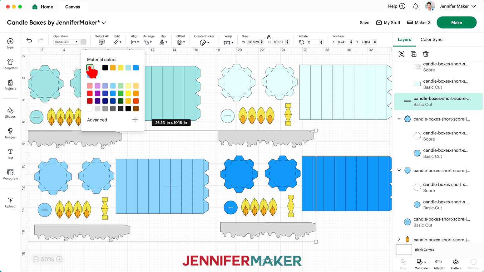 Change the short candle pieces from three of the designs to different shades of blue to match materials.