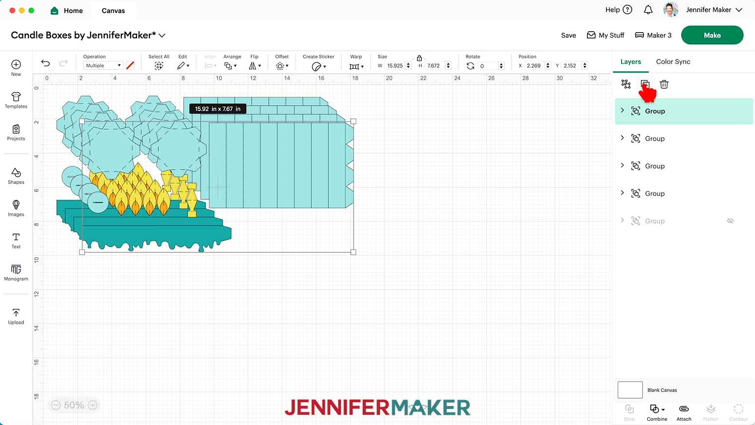 Click the Duplicate icon the short candle design three times, for a total of four sets