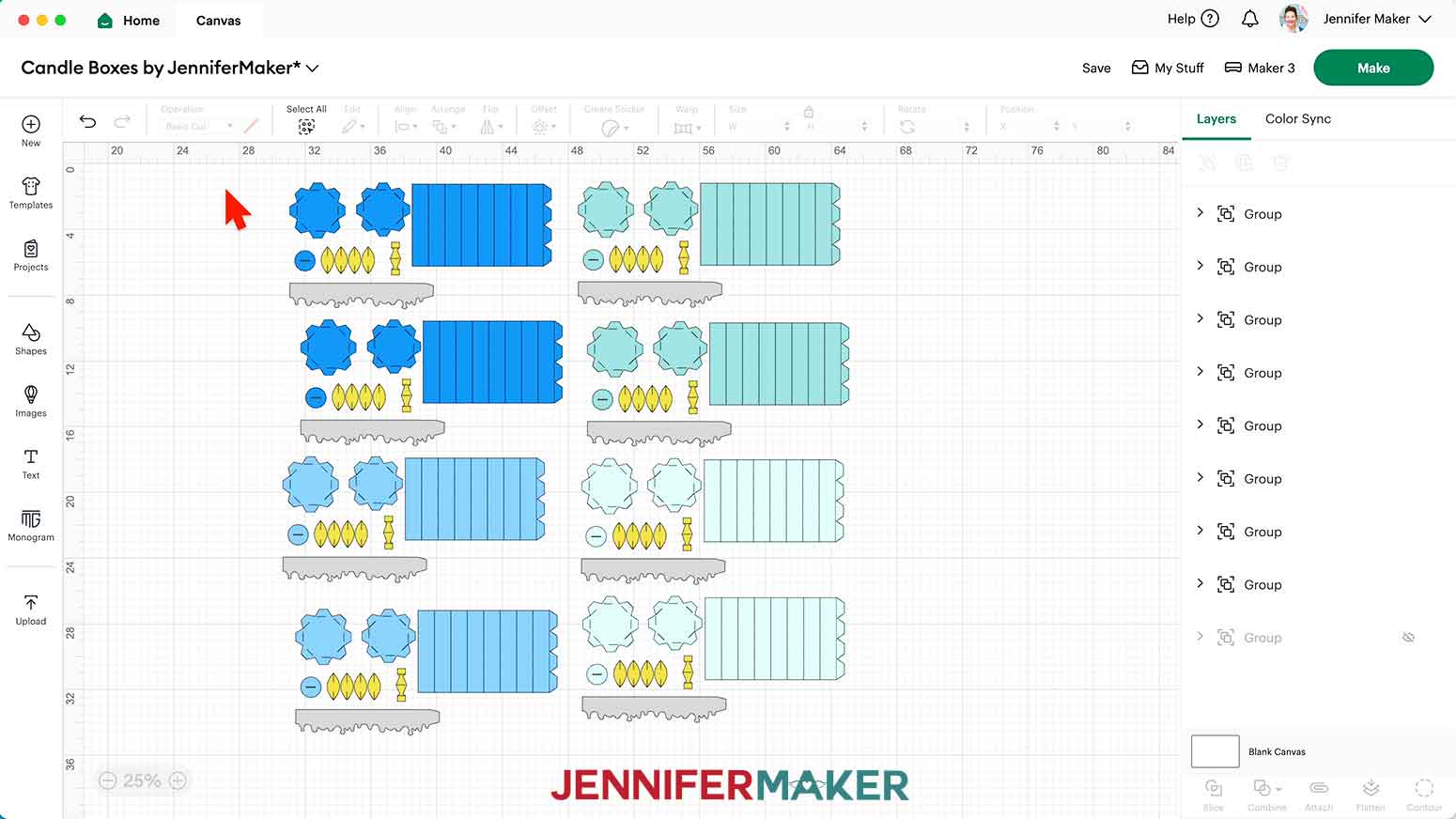 Duplicate the four short candle designs once, so there are eight sets.