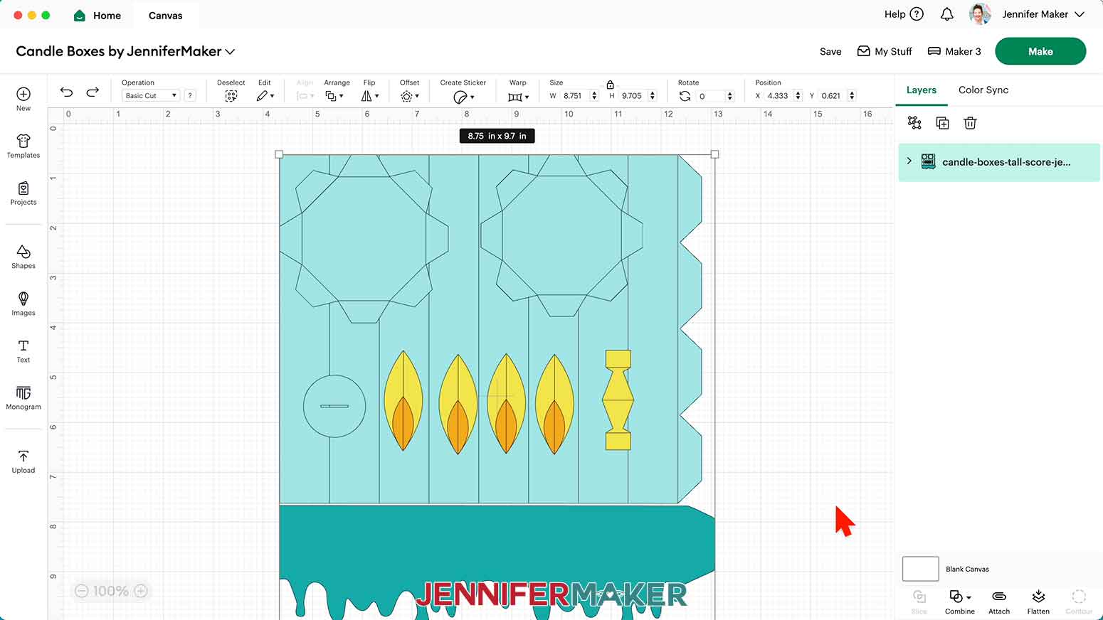 Candle Gift Box SVG tall file opened in Cricut Design Space, it's 8.75 x 9.7 inches.