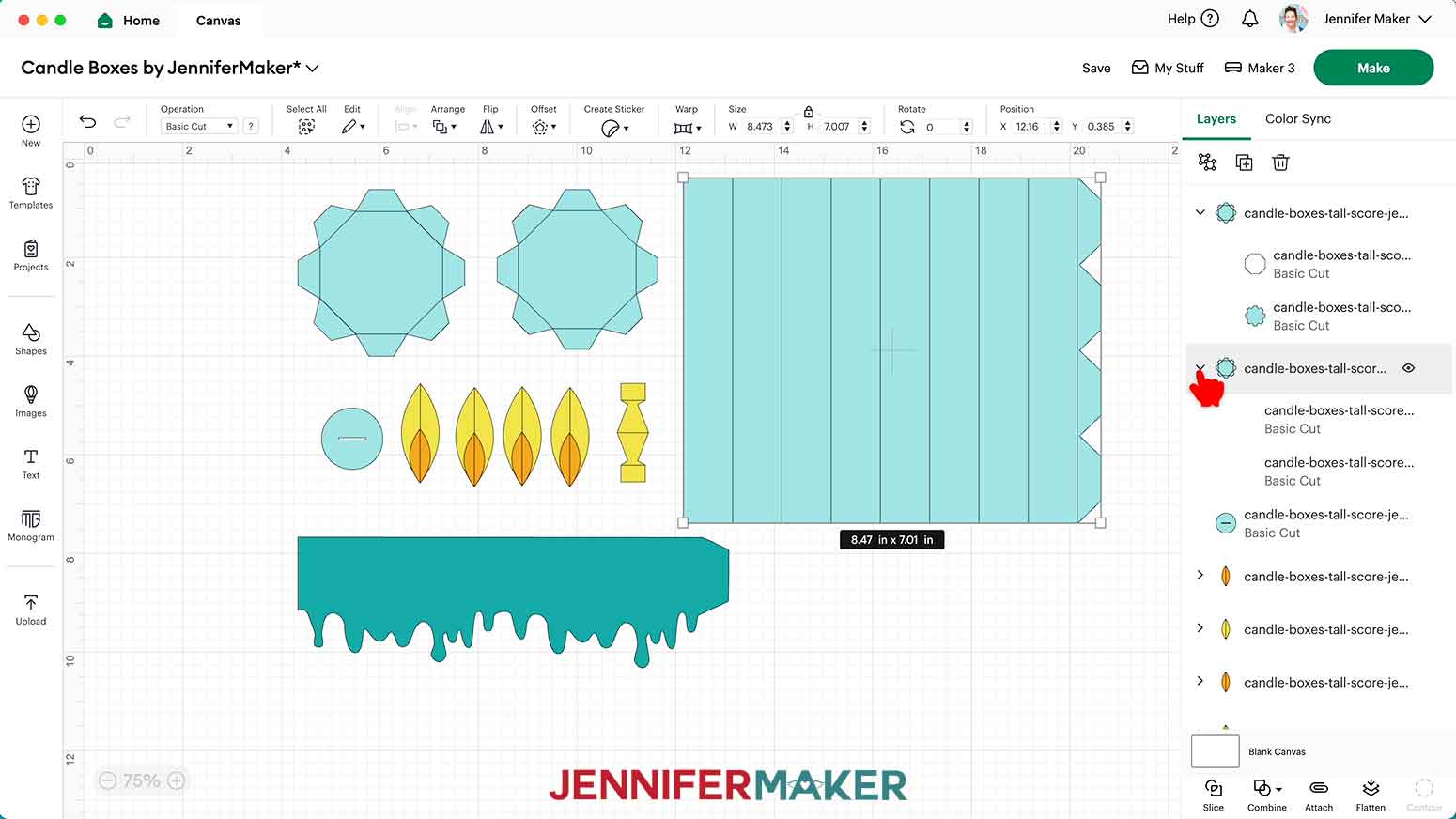 The tall candle gift box SVG spread out on the canvas.