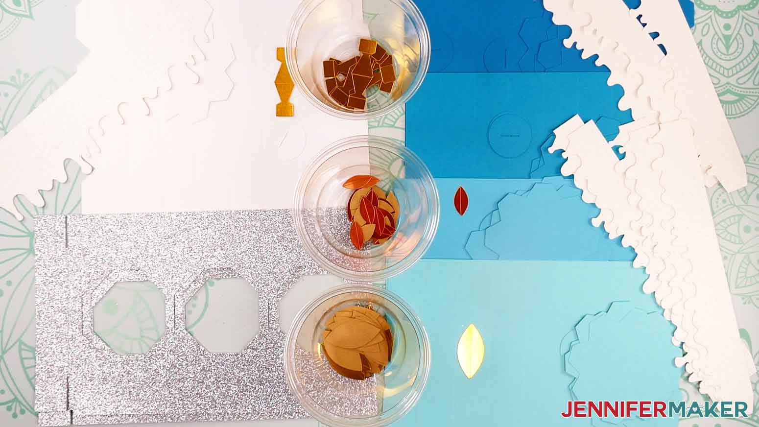 Separate all of the cut pieces into piles or cups for the smaller pieces.