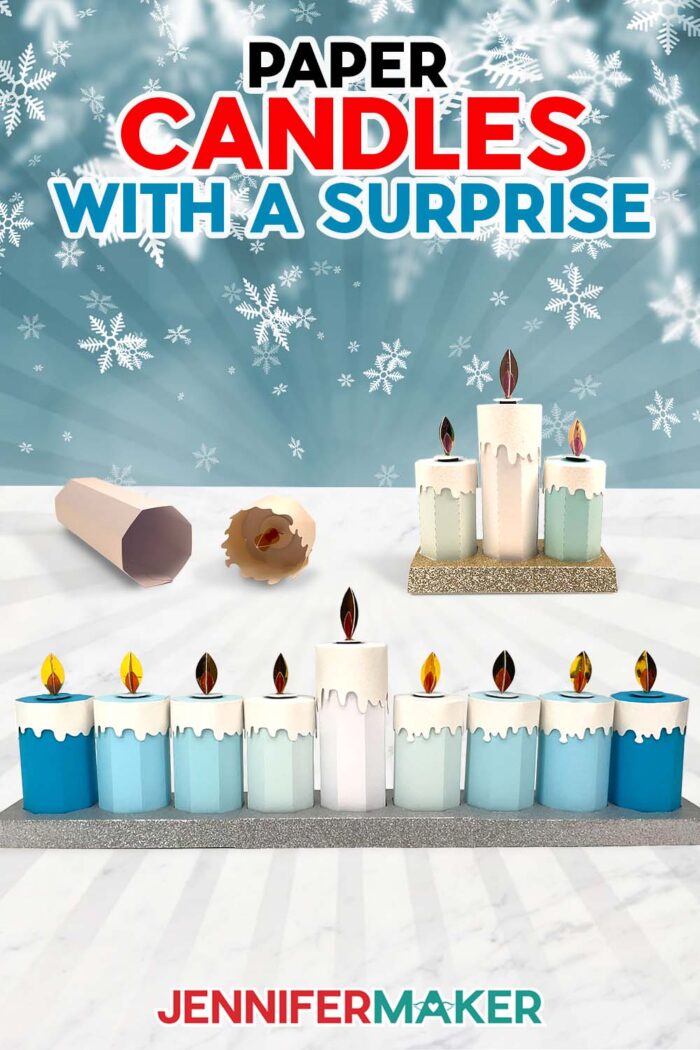 Candle Gift Boxes are easy to make with free SVG files! A candle gift box menorah sits with a three-piece paper candle arrangement.