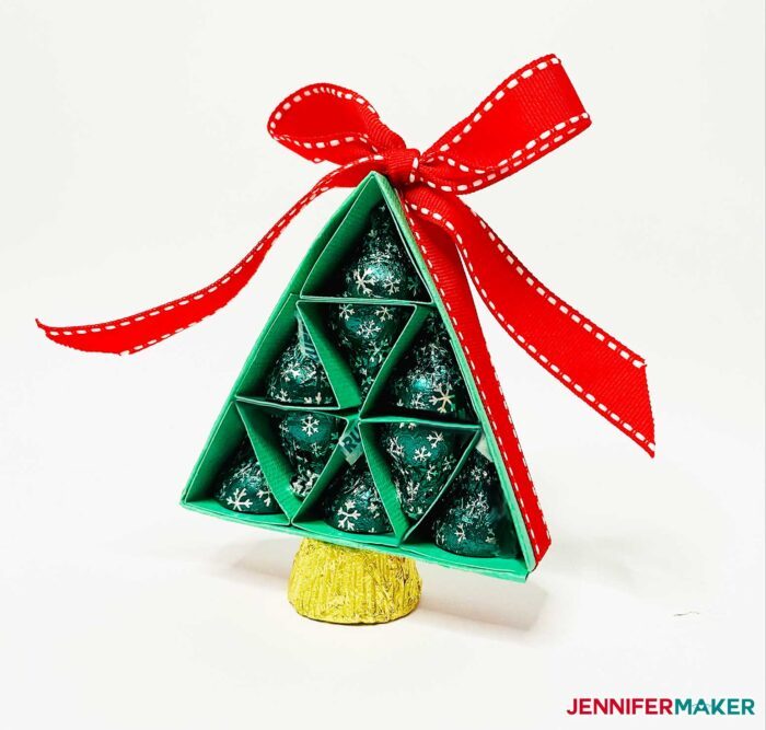 Hersheys kisses Christmas Tree made with green cardstock and red ribbon