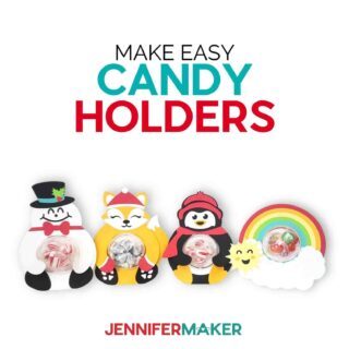 Four cute candy holders in snowman, fox, penguin and rainbow form