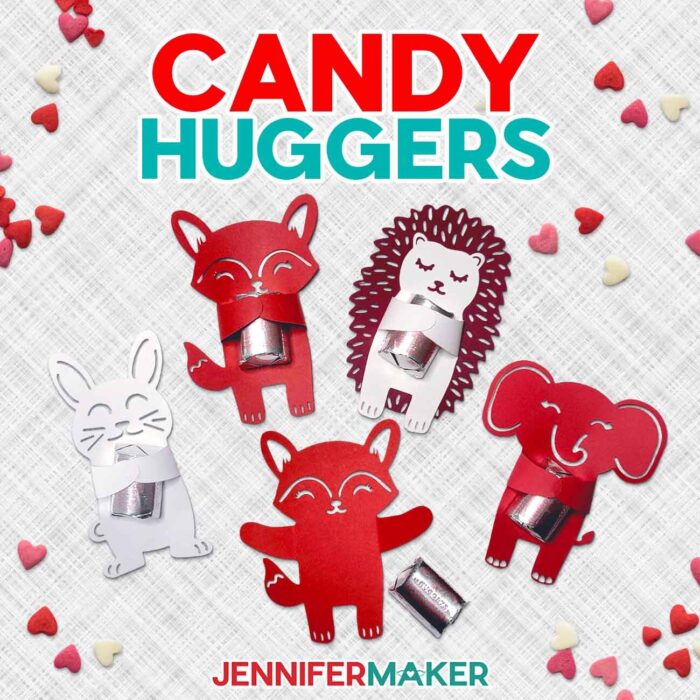 Colorful cardstock fox, hedgehog, elephant, and bunny shapes holding candies under text reading "Candy Huggers" by JenniferMaker.