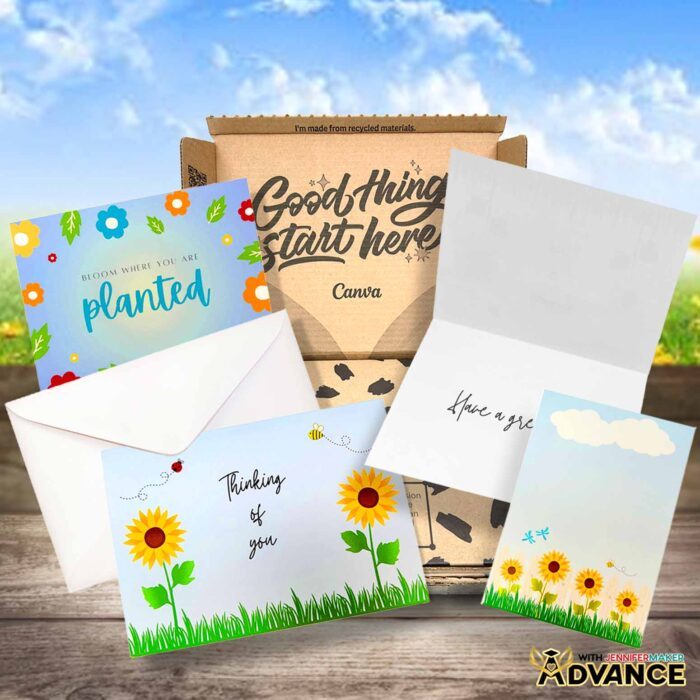 A collection of Canva cards sits on display with a box from Canva's printing service. The cards are decorated with sunflowers, cute bugs, and blue skies. Learn to make your own with the How To Make Cards In Canva tutorial