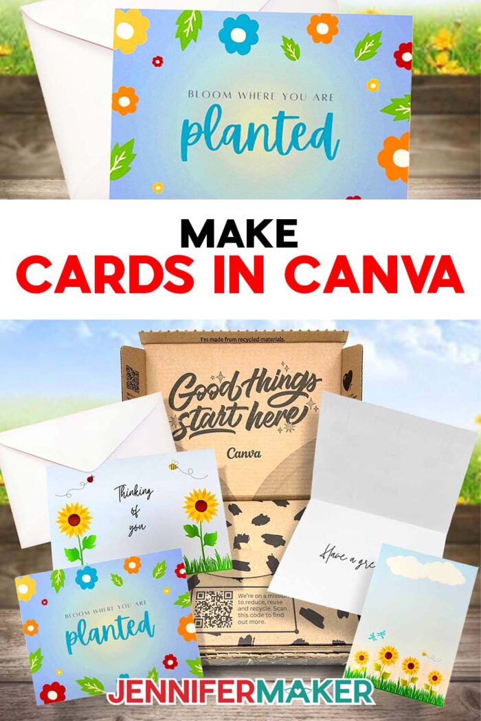 A collection of Canva cards sits on display with a box from Canva's printing service. The cards are decorated with sunflowers, cute bugs, and blue skies. Learn to make your own with the How To Make Cards In Canva tutorial and free cheat sheet