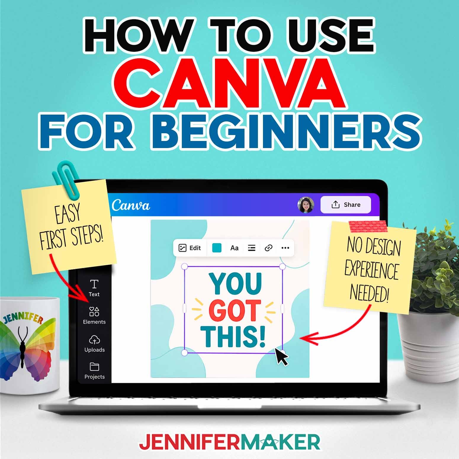 Laptop screen with a design, below text reading "How To Use Canva For Beginners" with JenniferMaker.