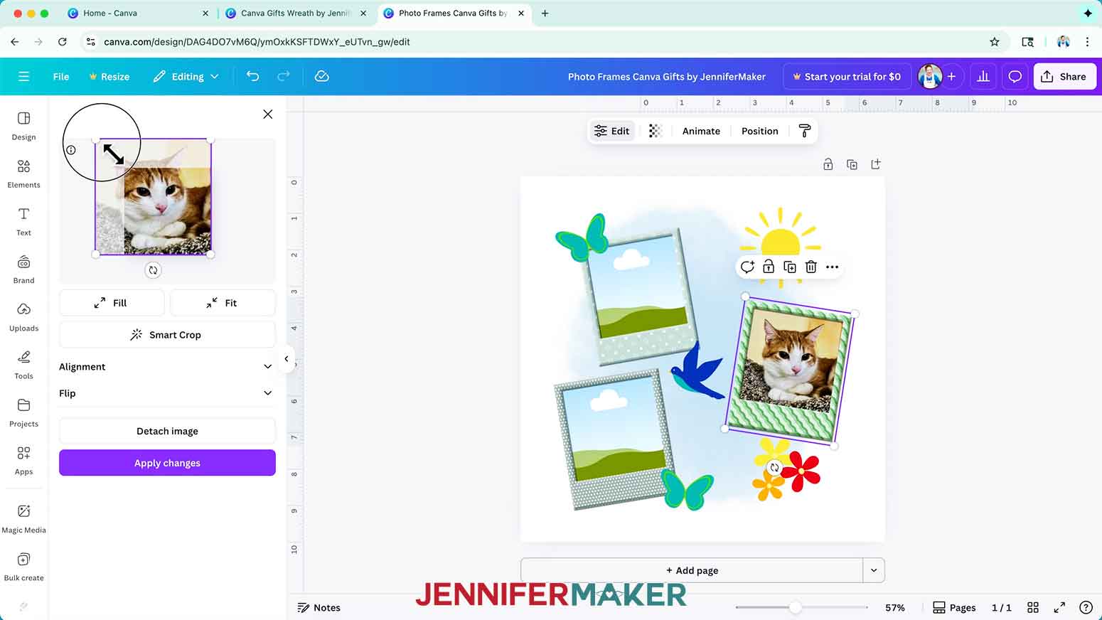 Double click a photo to open the editing window and make any adjustments. Then, click the purple "Apply changes" button.