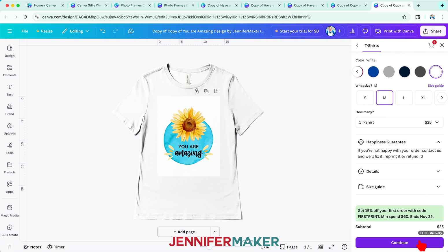 Enter the order settings for the white t-shirt with the "you are amazing" design and click the purple "Continue" button.