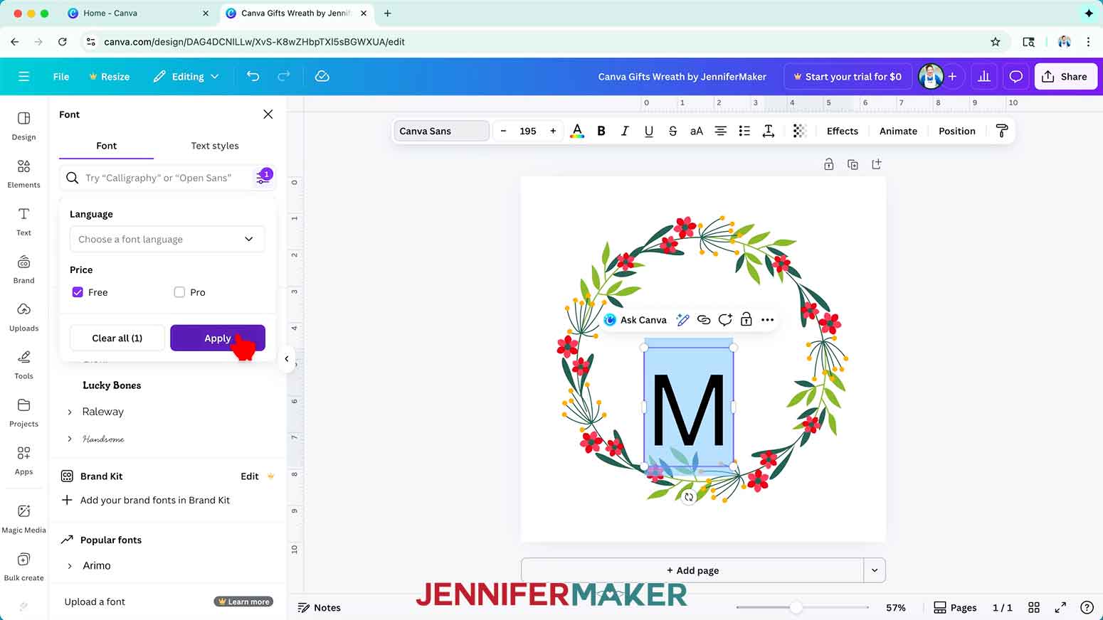Click the three lines and select free fonts and then the purple Apply button.