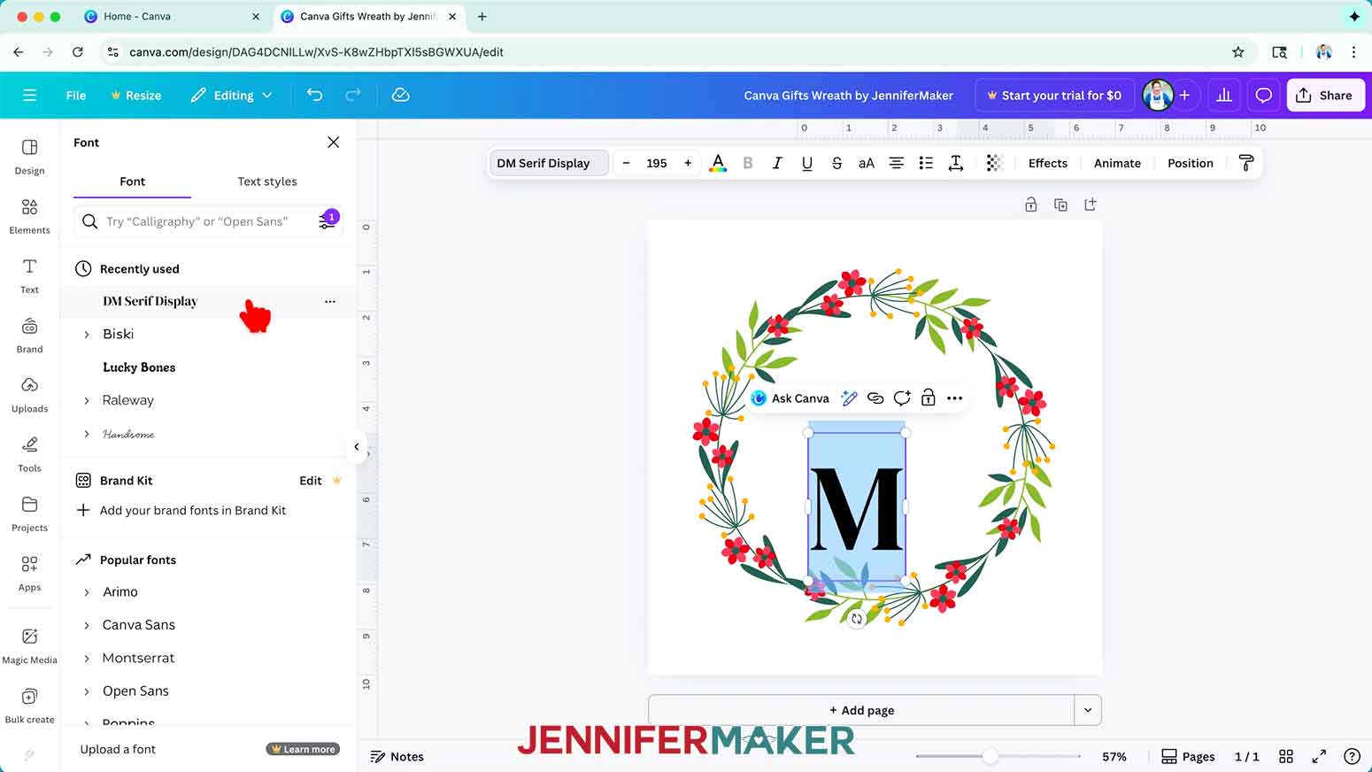 Select a font line "DM Serif Display" for the monogram letter.