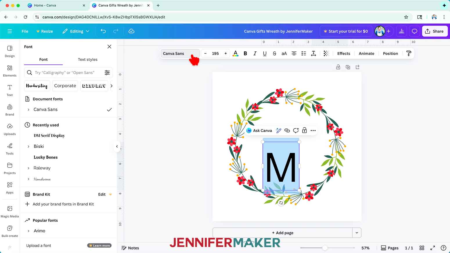 Select the typed letter and click the font name at the top menu bar to chage the font.