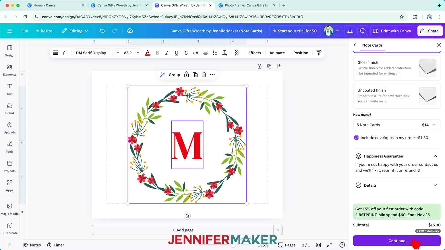 Select the number of cards and envelopes and click Continue to begin the note card order.