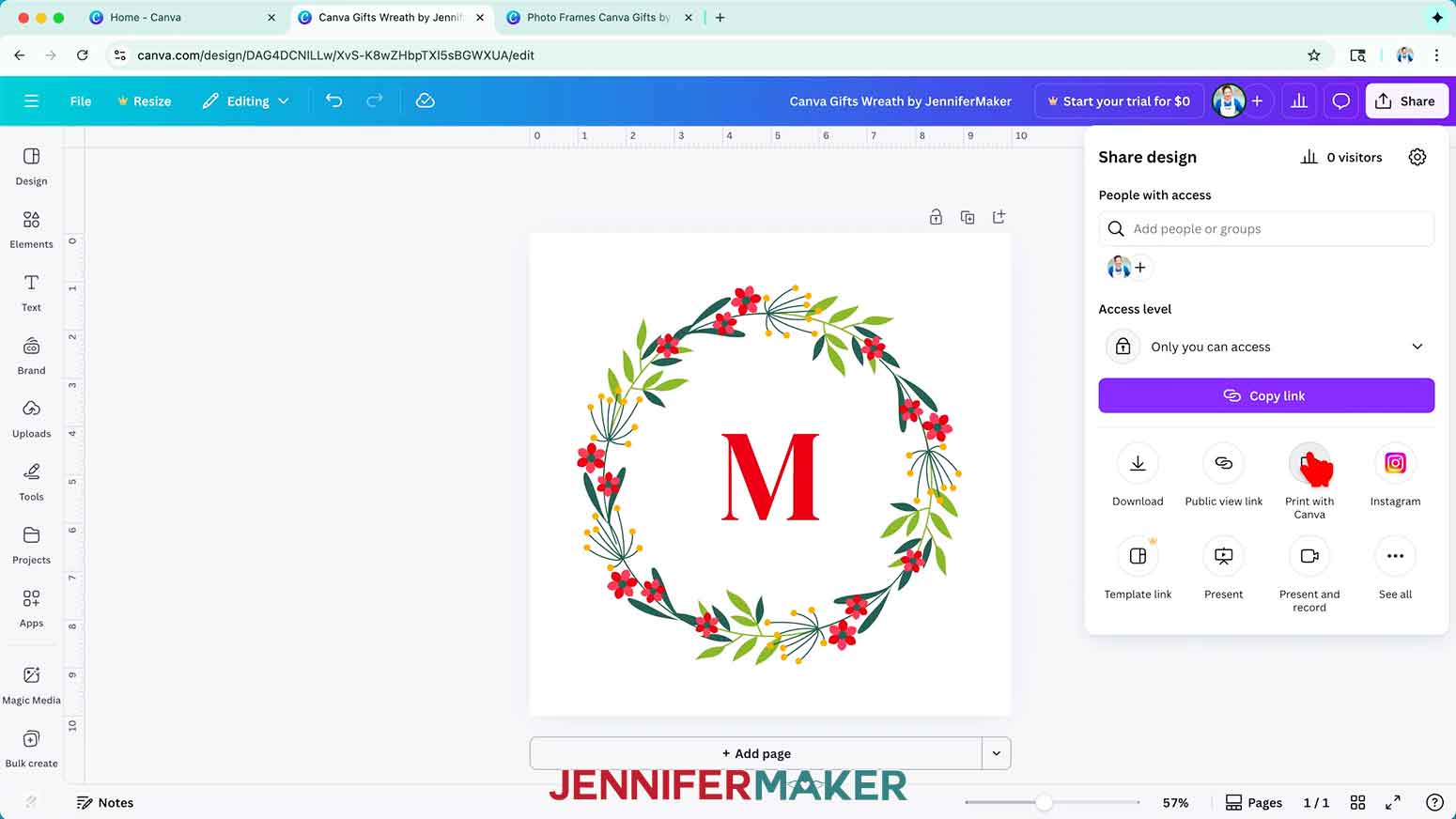 Click the Share button in the upper right corner and select the Print with Canva option.