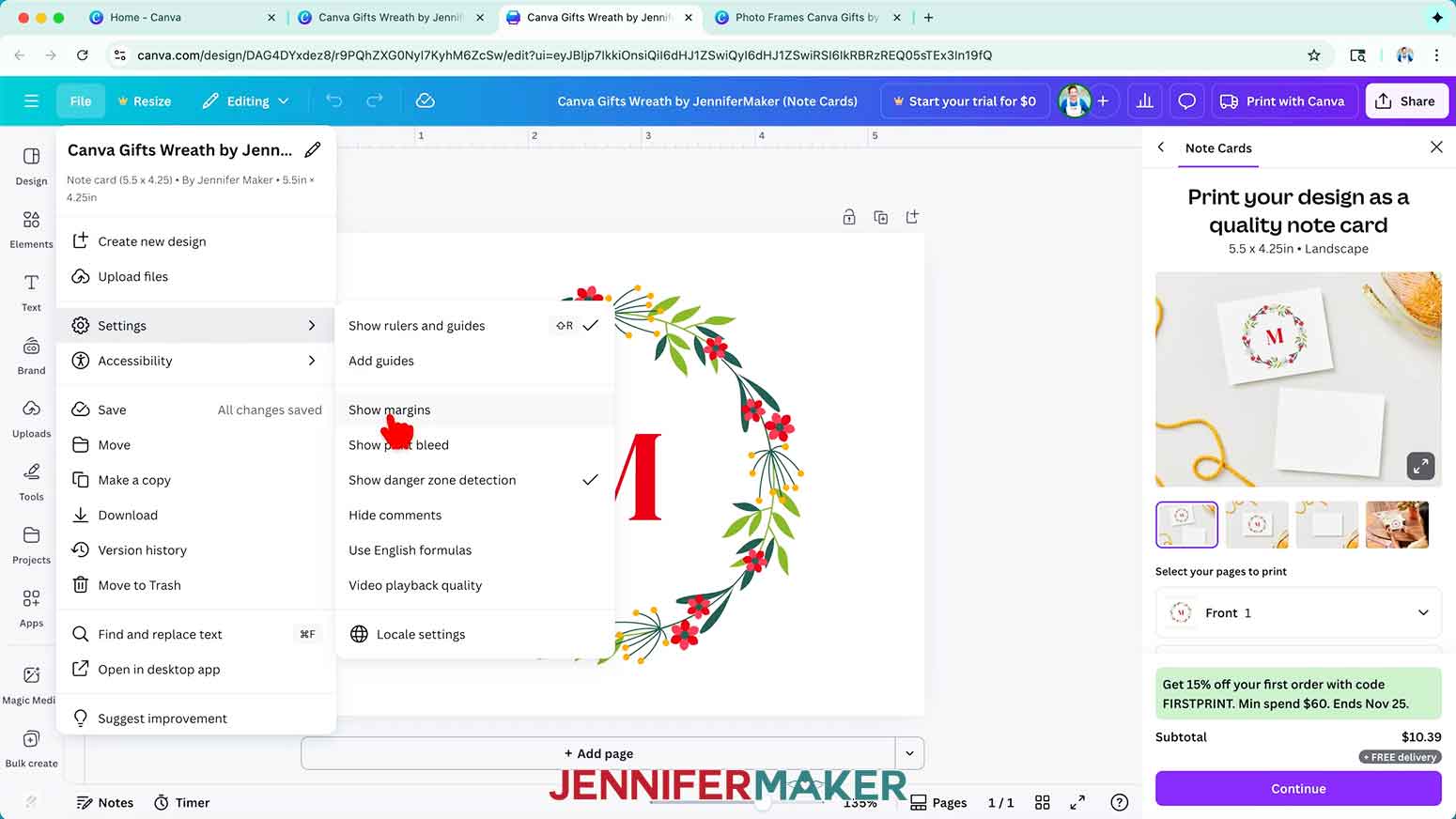 WIth the note cards selected, click on File, Settings, and select "Show margins."