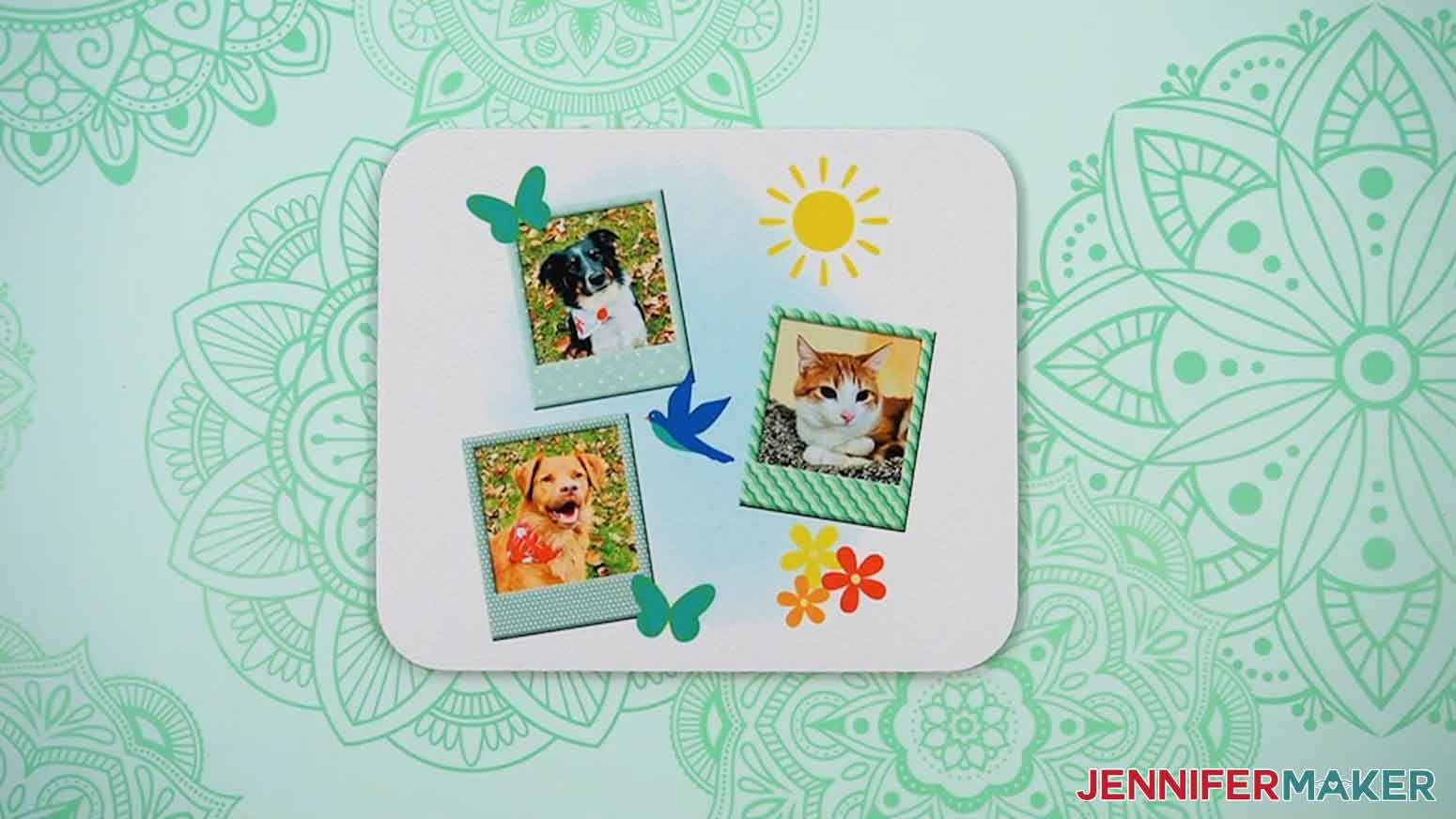Canva gifts mousepad displayed with photos of Hunter, Chloe, and Butterscotch.