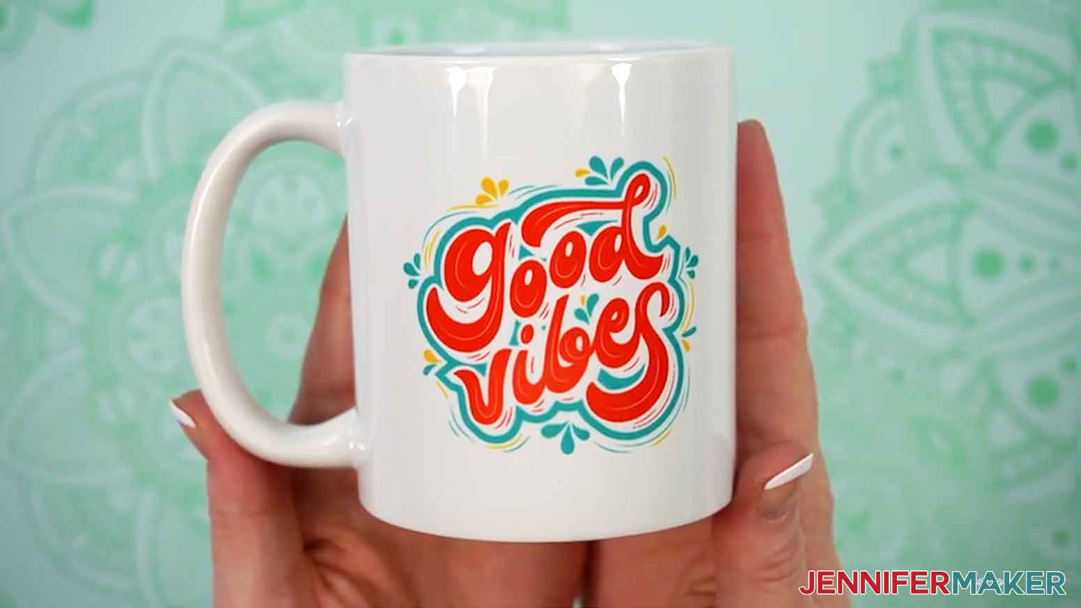 Canva Gifts ceramic white mug with the "good vibes" design.