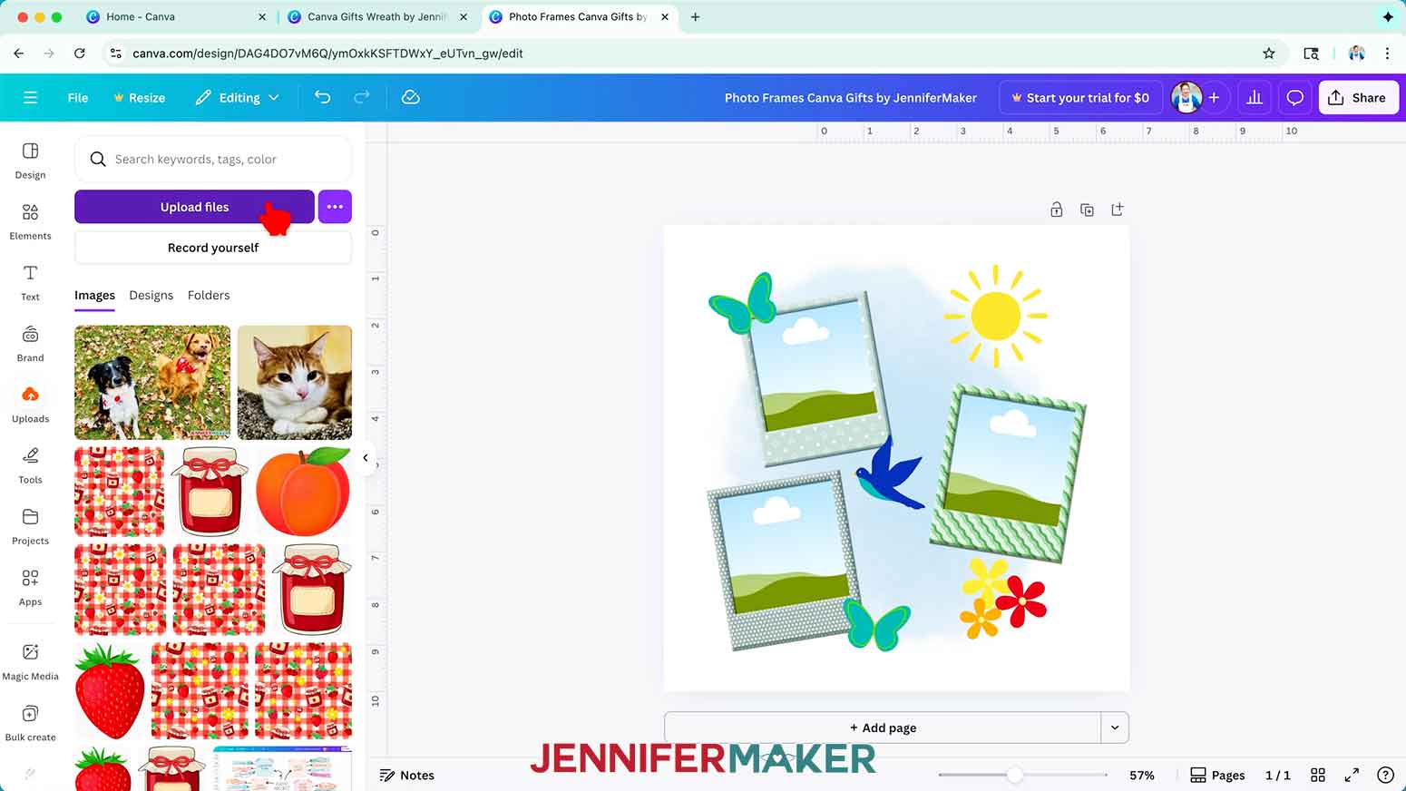 With the frames template open, like the Upload icon and select "Upload files" to choose your pictures.
