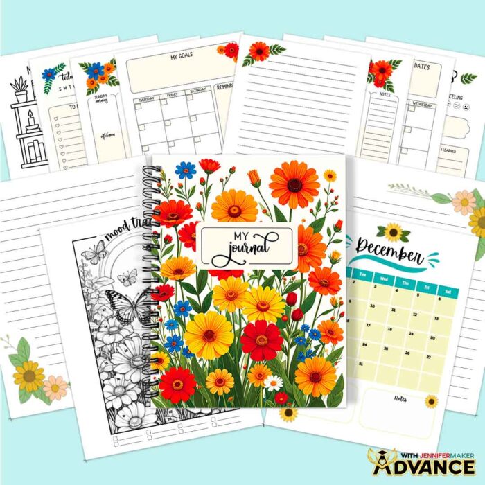 A custom journal with wildflowers on the cover sits on top of a variety of journal pages, including a black and white mood tracker with butterflies and flowers, a December calendar grid page, and lined pages with floral corner accents.