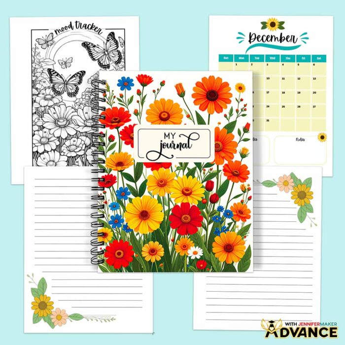 A bound journal with a floral cover sits on top four custom journal pages: a mood tracker with butterflies and flowers, a December calendar page, and two lined pages with floral accents in the corners.