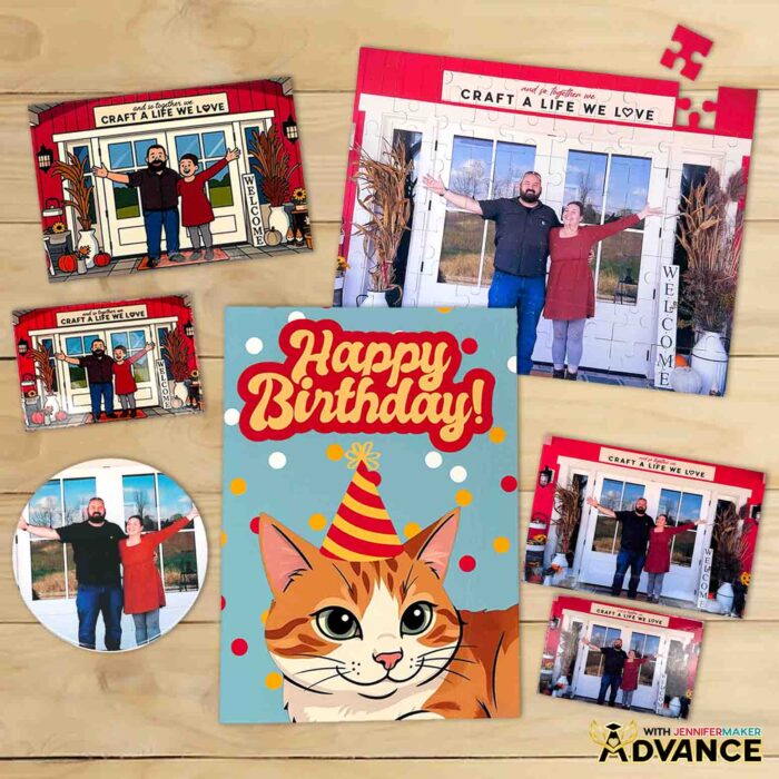 Learn how to do Canva Photo Editing to make your photos look their best for crafts and more! A collection of crafts printed with a photo of Jennifer Maker and Greg, all edited different ways, with a cartoon cat birthday card from the Advance tutorial on top