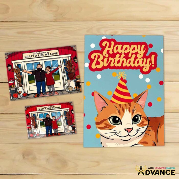 Learn how to do Canva Photo Editing to make your photos look their best for crafts and more! A magnet craft and photo printed with a photo of Jennifer Maker and Greg, both edited different ways, with a cartoon cat birthday card from the Advance tutorial