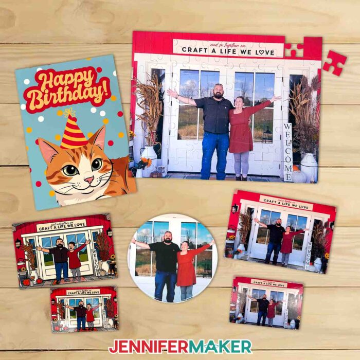 Learn how to do Canva Photo Editing to make your photos look their best for crafts and more! A collection of crafts printed with a photo of Jennifer Maker and Greg, all edited different ways, with a cartoon cat birthday card from the Advance tutorial peeking out from behind