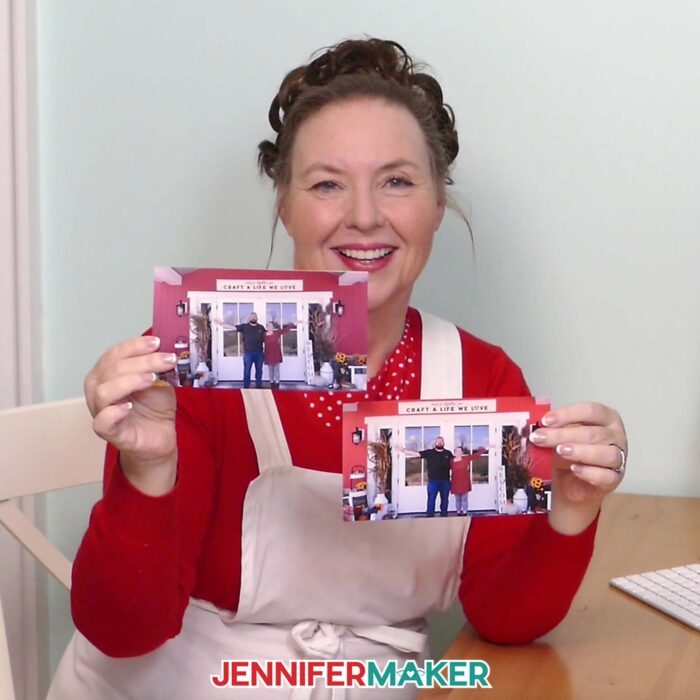 Jennifer Maker holds up her original photo of Greg and herself in one hand, and a vibrant, clear, edited version in the other to show the before-and-after with Canva Photo Editing