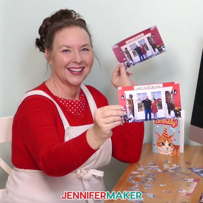 Jennifer Maker holds up her original photo of Greg and herself in one hand, and a vibrant, clear, edited version in the other to show the before-and-after with Canva Photo Editing