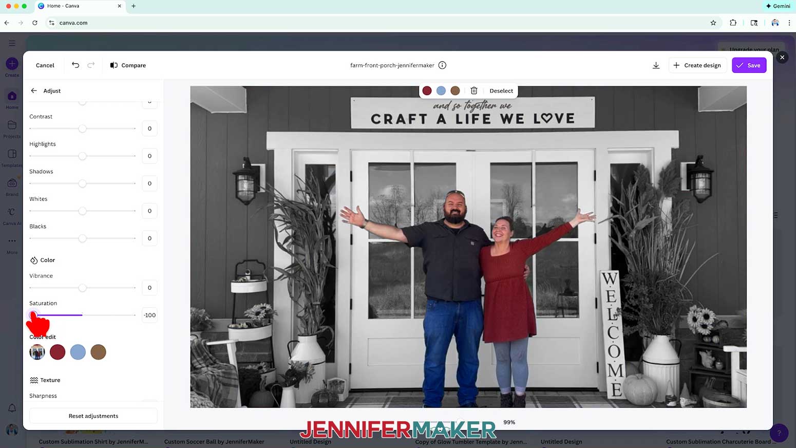 The saturation slider is shown and the cursor has dragged it to -100, making the background black and white.
