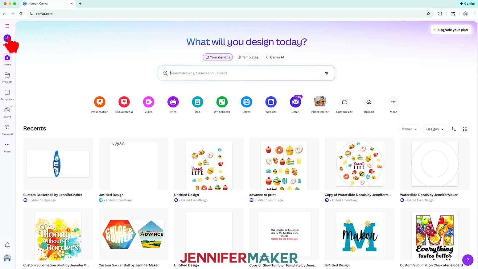 The Canva Home screen is open and the cursor hovers over the Create button.