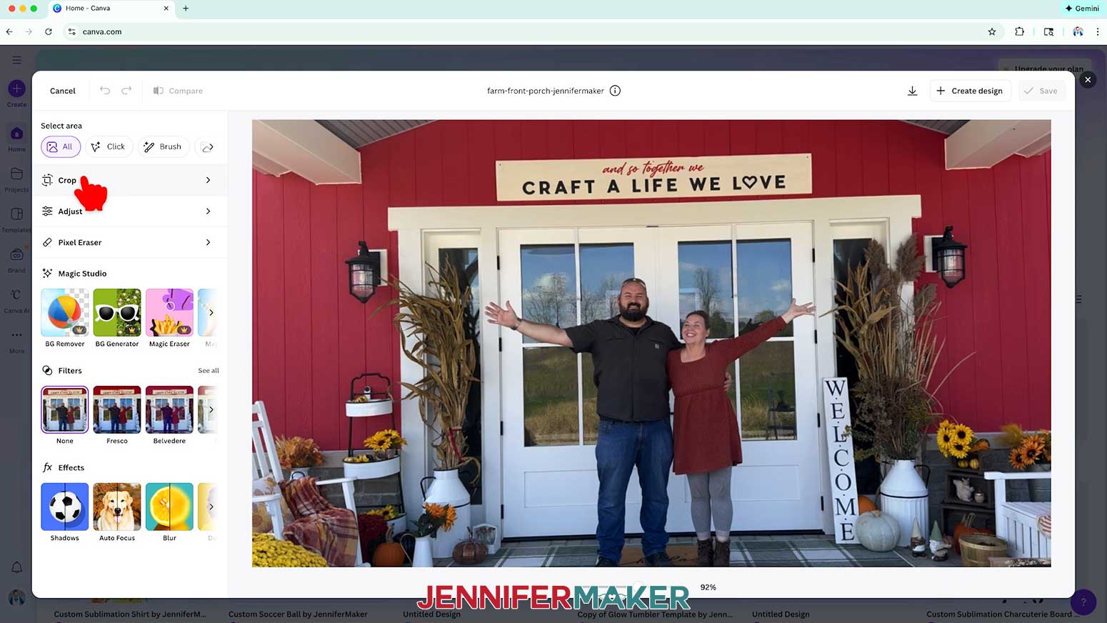 The Farm Front Porch images is open and the cursor hovers over the Crop button in the left menu.