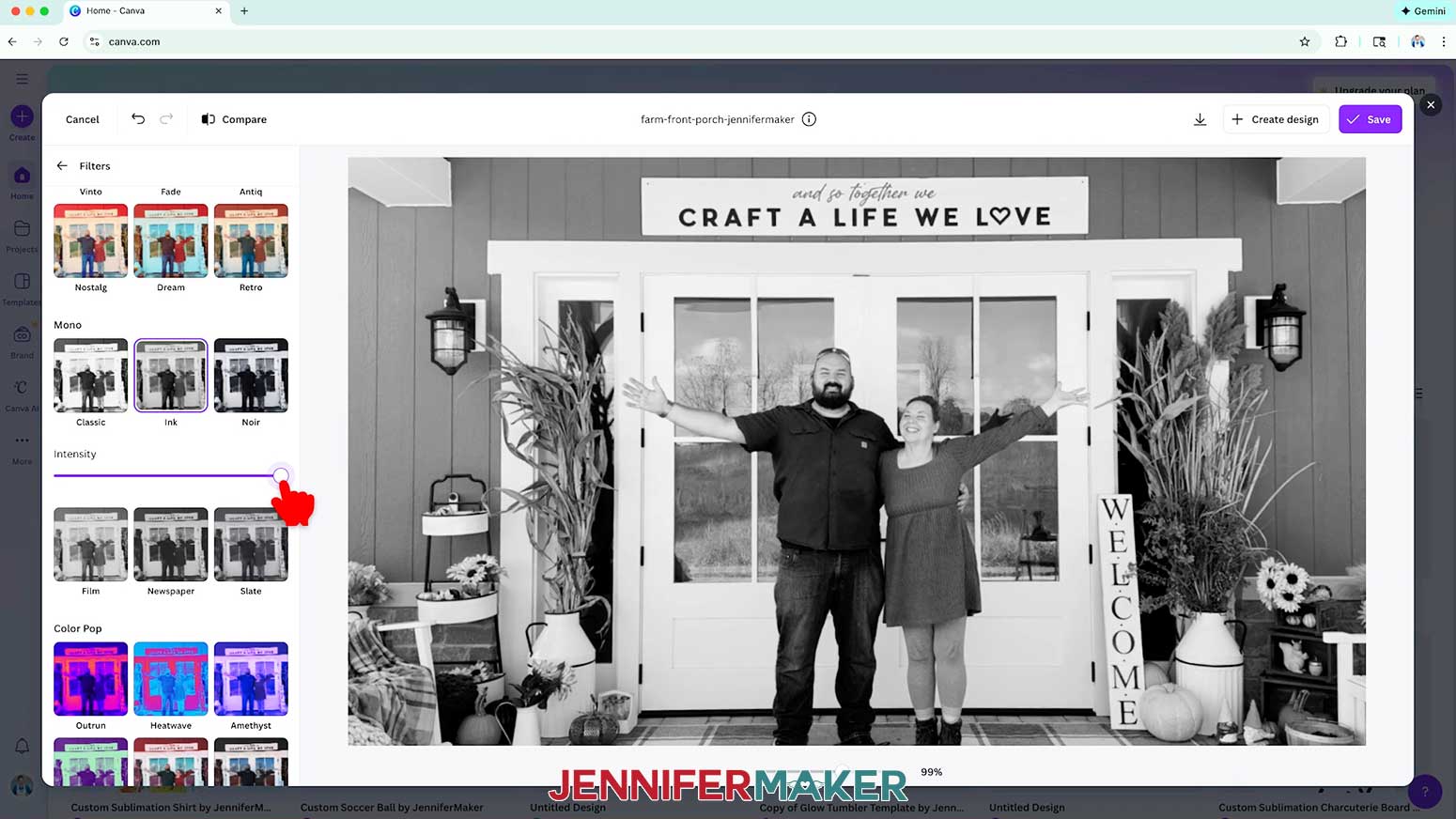 The Ink duotone filter has been applied and the slider is at 100% intensity.