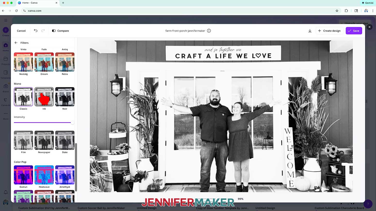 The Monochrome filters are open and the cursor hovers over the Ink filter which is applied at 100% intensity.