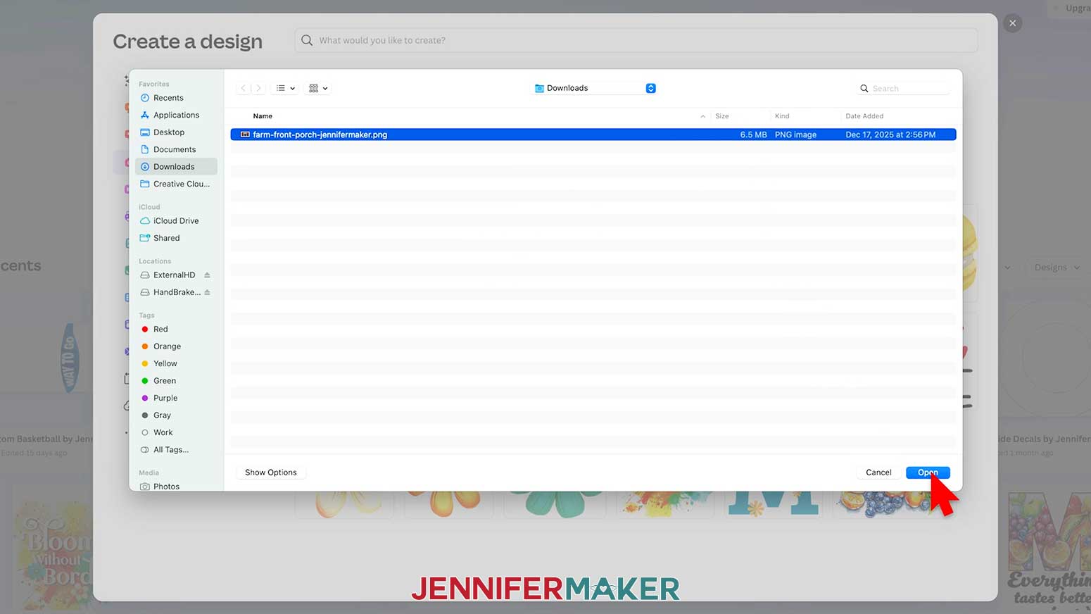 The downloads menu is open and the cursor has selected the image Farm Front Porch jenniferemaker png.