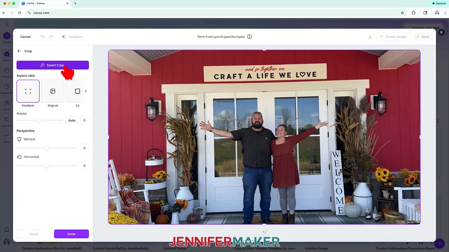The farm front porch image is open and the cursor hovers over the Smart Crop option in the Crop Menu.