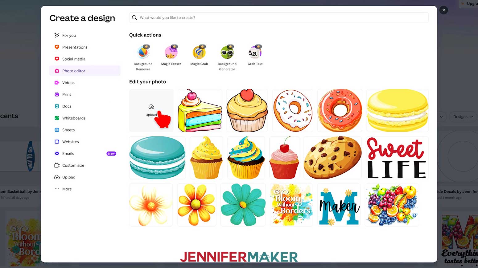 The Photo Editor is open and shows previously uploaded images and the cursor hovers over the Upload button.