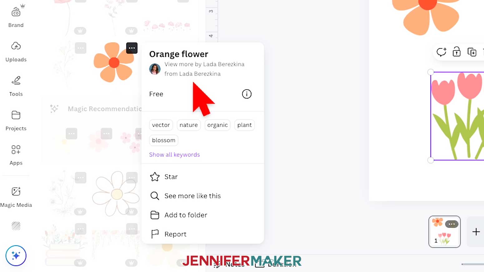 Click the three dots by an element in Canva and select “View more by” to see similar contributions by the same artist.