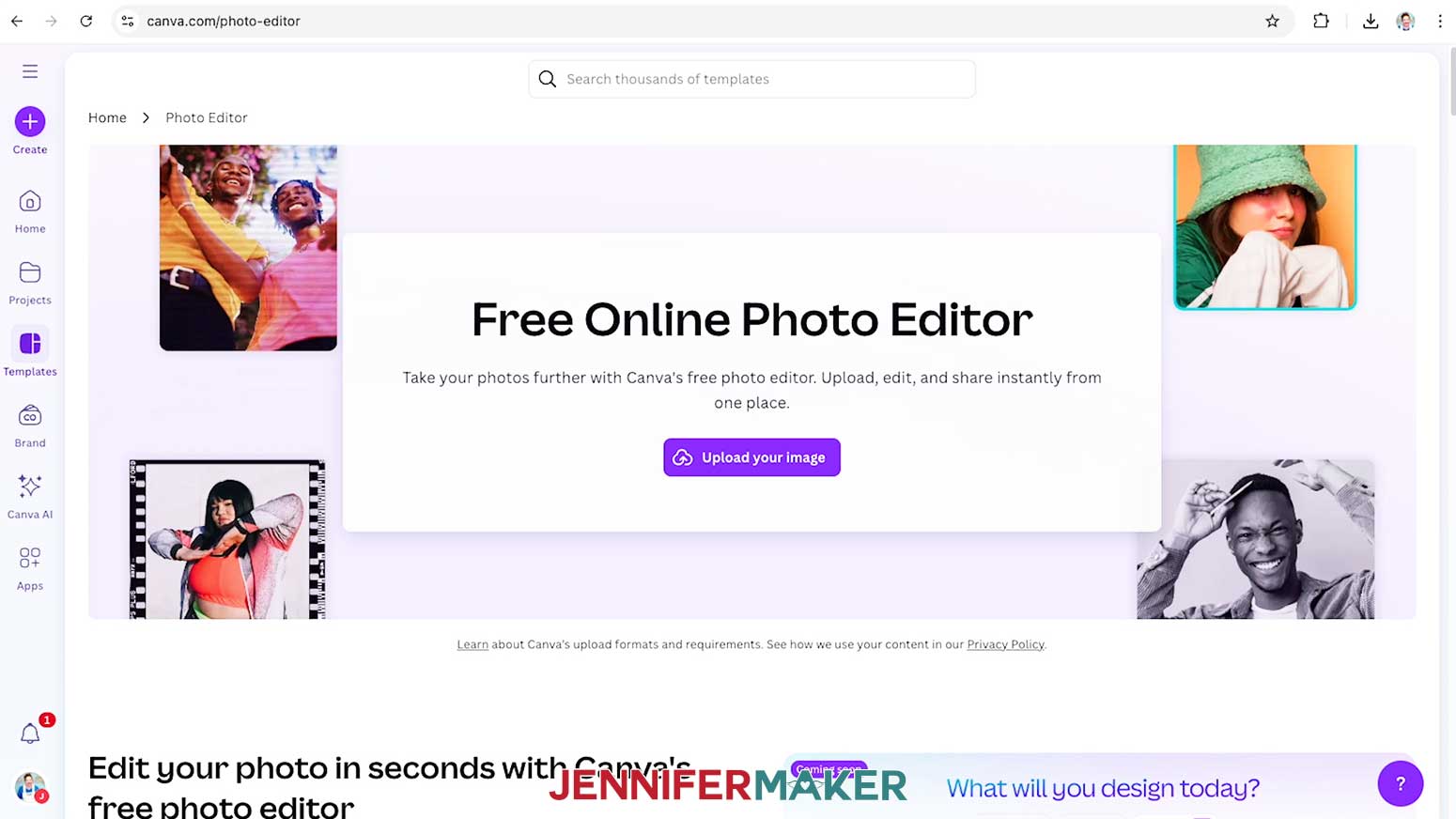 Canva's Free Online Photo Editor homepage.