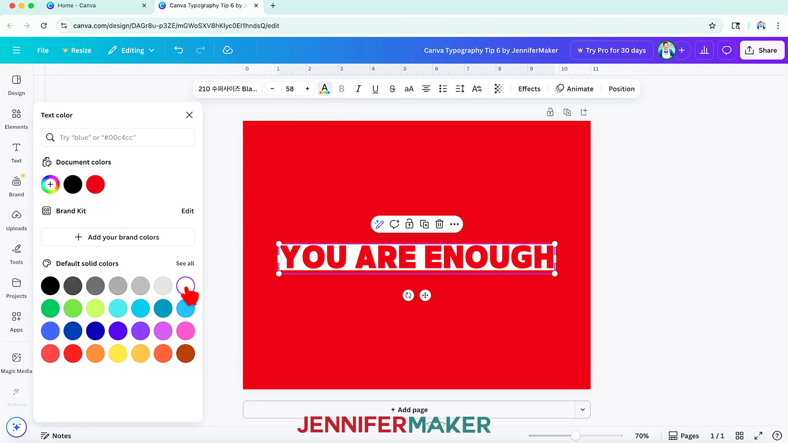 Change the canvas and text to contrasting colors in Canva.