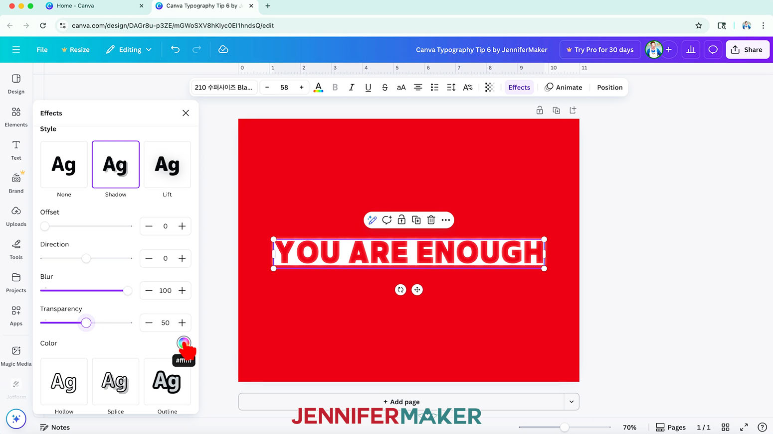 Click "Effects" in the top bar and pick "Shadow." Set the "Offset" and "Direction" to "0," the "Blur" to "100," and the "Transparency" to "50."