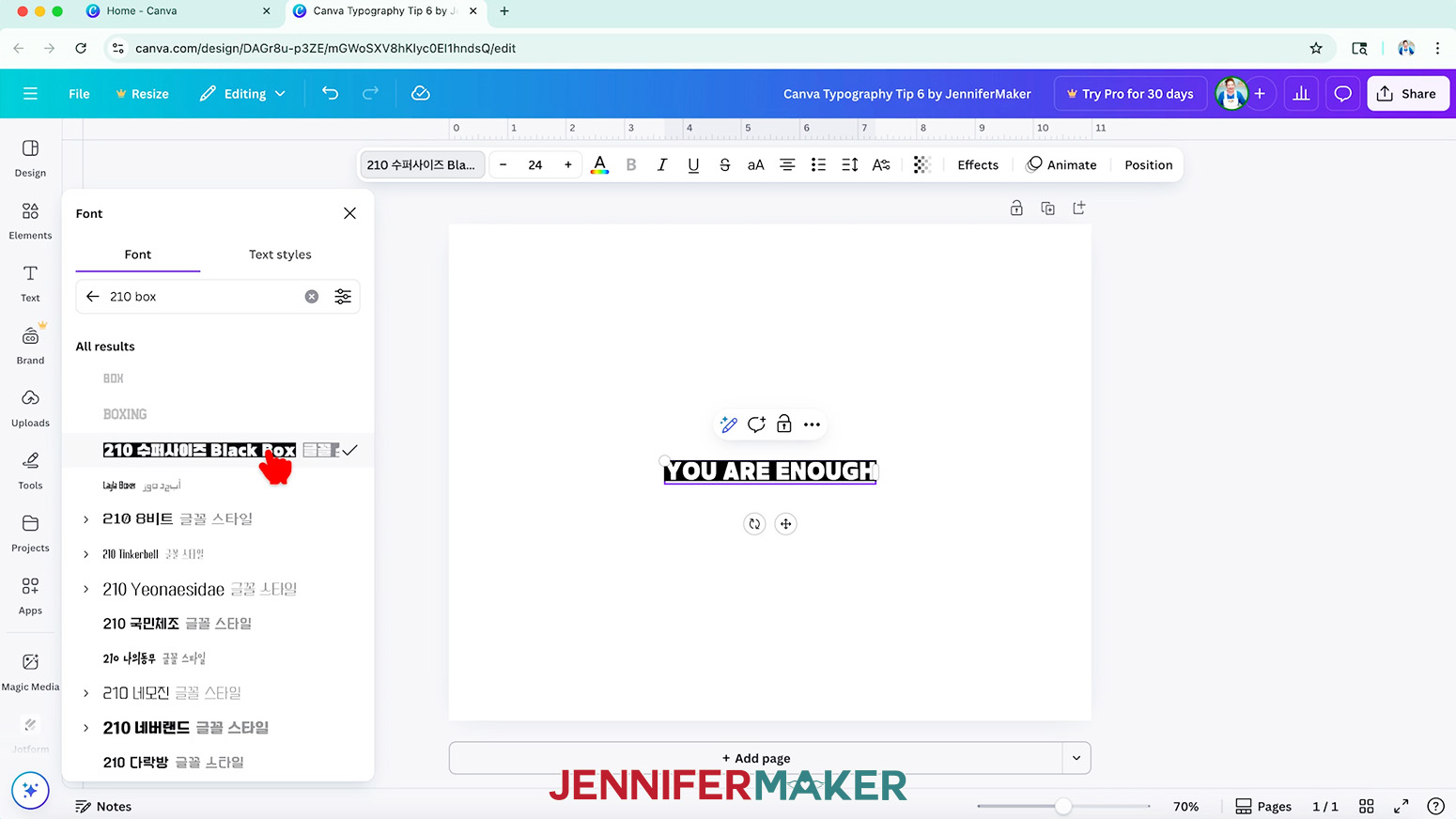 Search the Canva Font menu for "210 Box." Choosing the "Black Box" option will add a box behind your text.