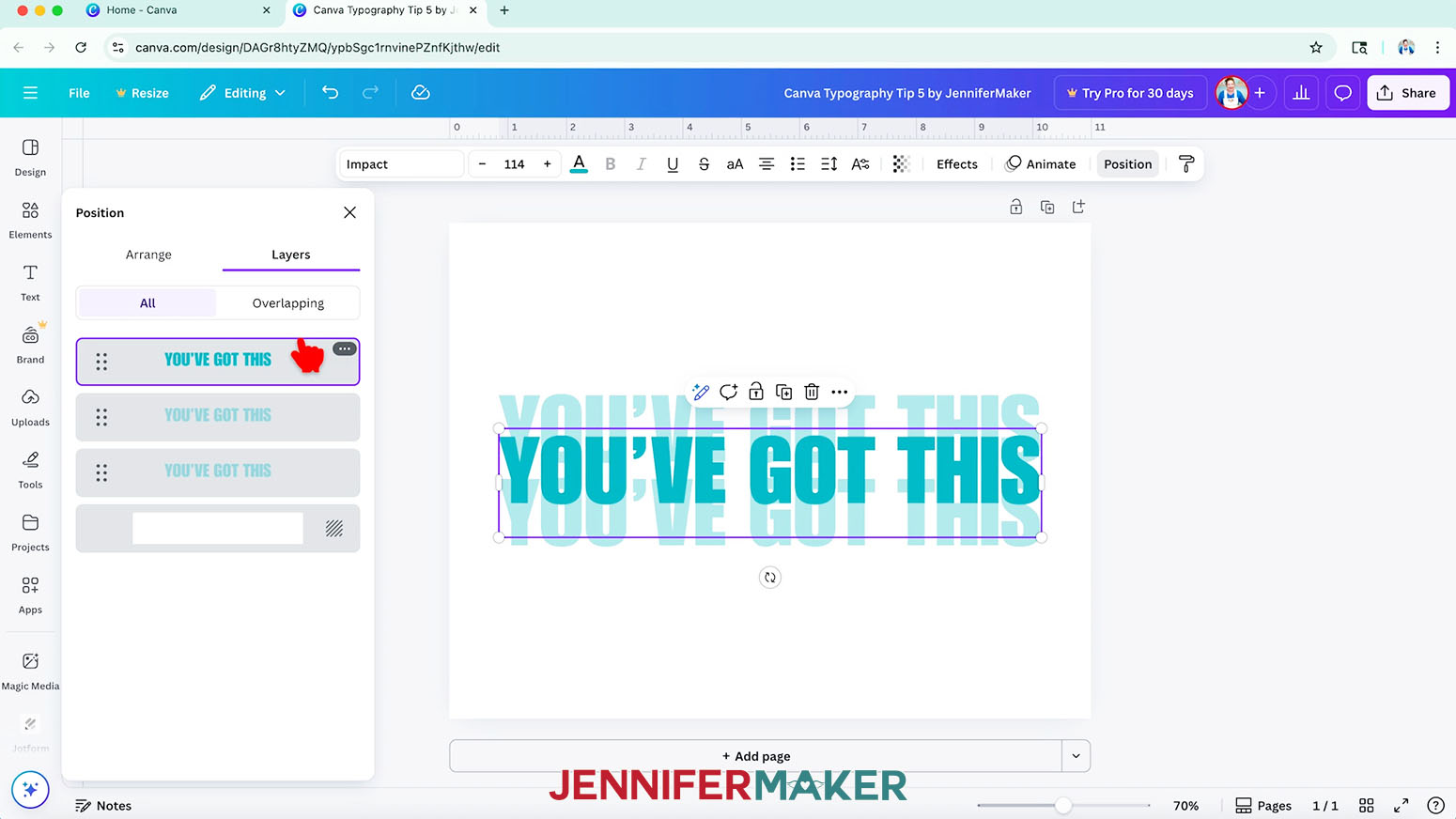 Click "Position" and then use the "Layers" panel to drag the original text box on top of the other two.