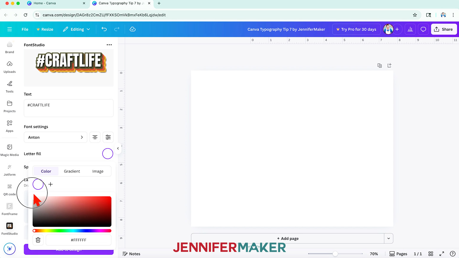 You can add a gradient or image to your text under the "Letter fill" option in the Canva FontStudio app.