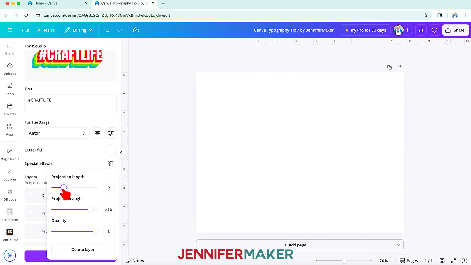 Change the Projection length and angle settings for each layer in the FontStudio app.